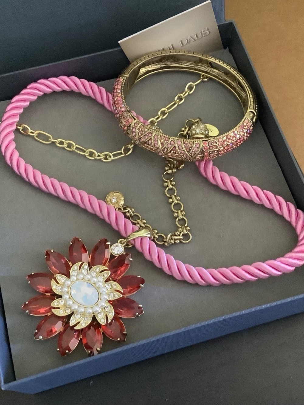 Heidi Daus Pretty In Pink Crystal Flower Necklace & Cuff Bracelet Pink Multi OS